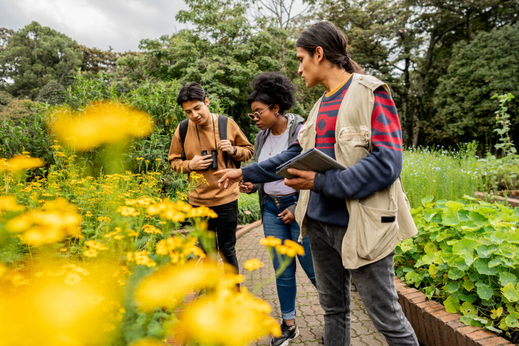 Three students/researchers in a botanical garden, guided by an instructor pointing to yellow flowers.