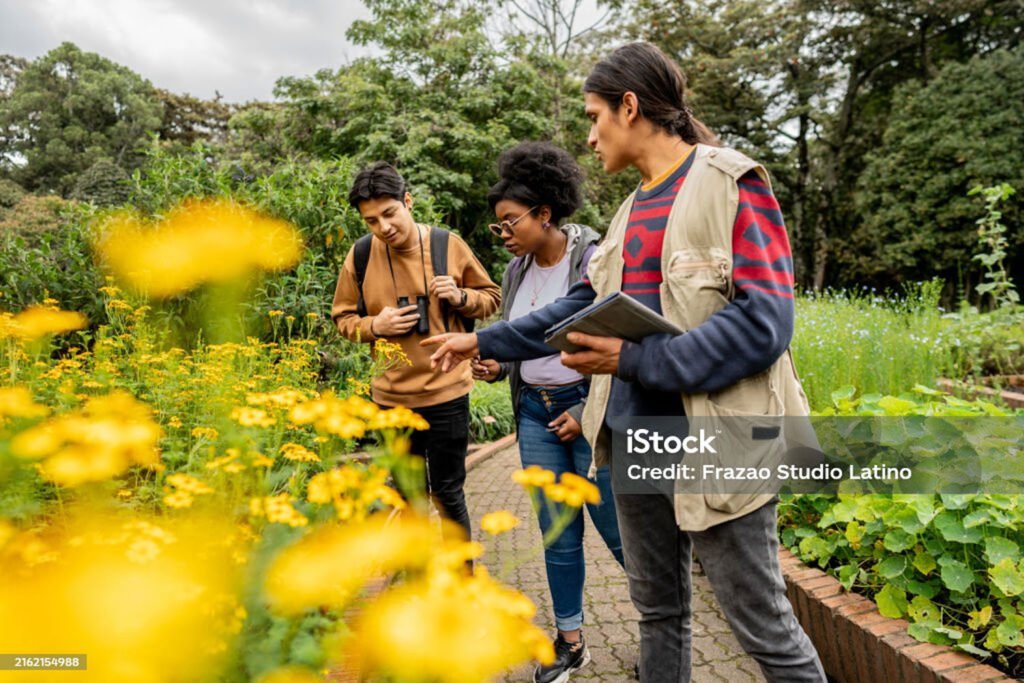 Three students/researchers in a botanical garden, guided by an instructor pointing to yellow flowers.