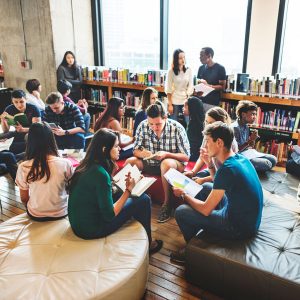 Diverse group of students studying and collaborating in a modern library setting with bookshelves in the background.
